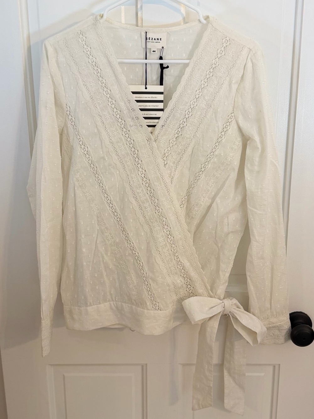 Sézane Alessandra Ecru Lace Swiss Dot Wrap Blouse NWT Size 44
